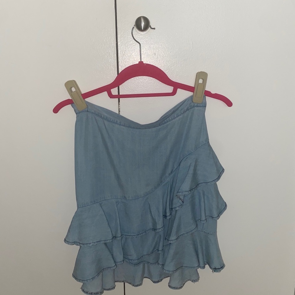Blue denim ruffle mini skirt